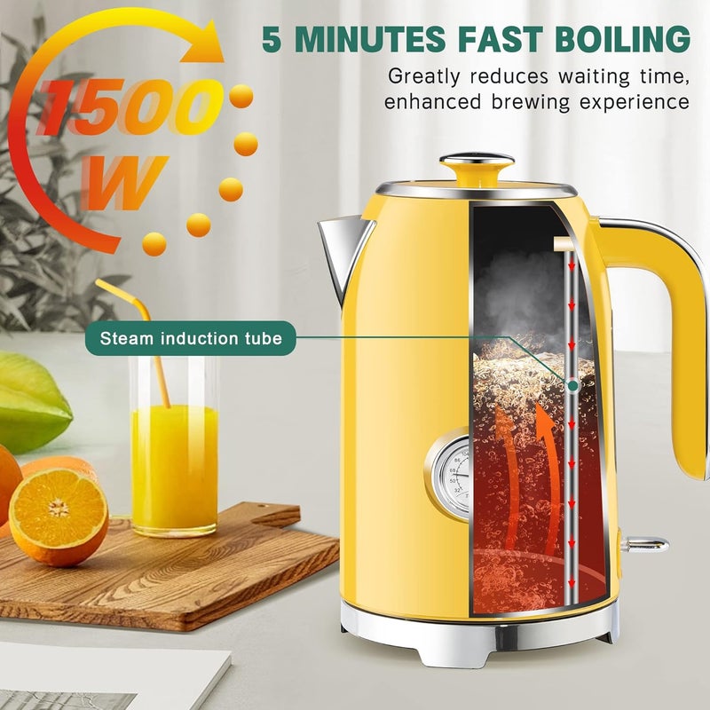 susteas Electric Kettle - 57oz Hot Tea Kettle Water Boiler with Thermometer, 1500W Fast Heating Stainless Steel Tea Pot, Cordless with LED Indicator, Auto Shut-Off & Boil Dry Protection, Retro Yellow - Image 4